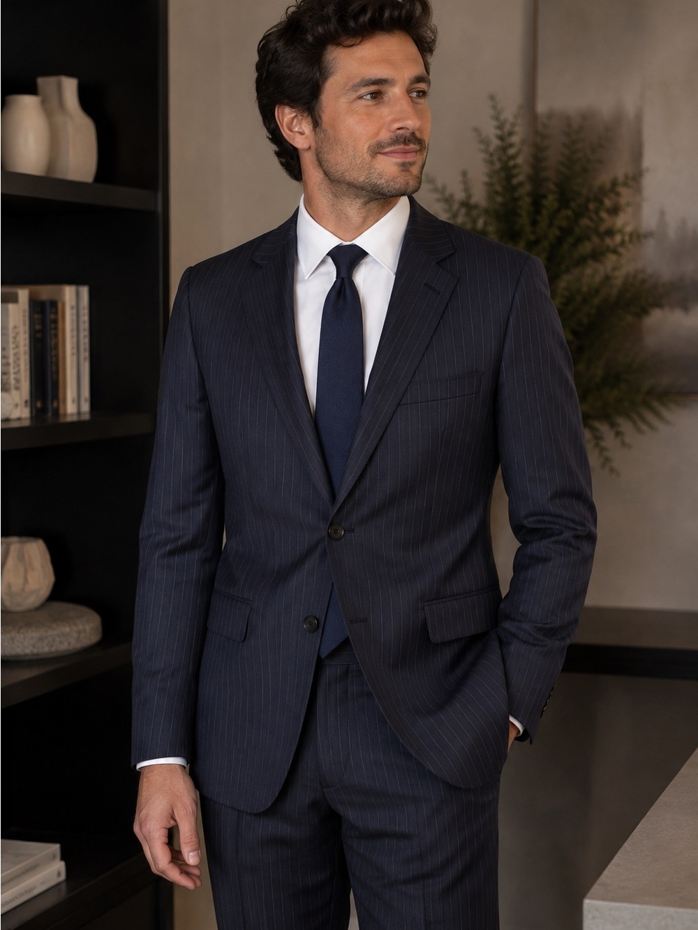 Men's Navy Pinstripe Two-Button Suit Jacket and Pant Set